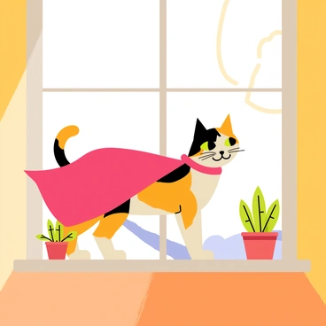 A calico cat with orange, black, and white patches is dressed in a bright red superhero cape that billows slightly around it. The cat stands heroically on a wooden windowsill, looking out over a vibrant landscape. Sunlight streams in through the window, casting a warm glow on the cat's fur. A few potted plants sit on the sill, adding a splash of green to the scene. The cat's green eyes are wide and alert, giving it a confident and fearless expression.