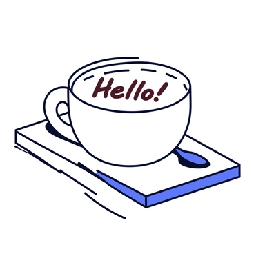 A latte in a simple white ceramic cup, topped with a frothy layer of milk. The surface of the latte features a speech bubble design created with chocolate syrup, showing the text "Hello!" inside the bubble in a playful font. The cup is placed on a small wooden table, with a spoon resting beside it. A subtle shadow is cast underneath the cup.
