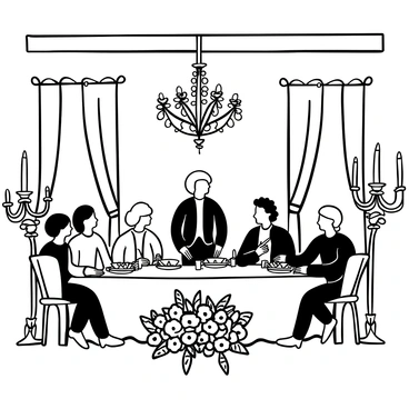 A grand dining table is set with an elaborate arrangement of fine china and polished silverware. "George Washington" stands at the head of the table, dressed in formal attire, welcoming several "dignitaries" seated around the table. Ornate candelabras with multiple arms include lit candles, casting light across the table. Luxurious floral centerpieces composed of various types of flowers adorn the table. Tapestries and rich draperies hang in the background, enhancing the atmosphere of opulence. A large chandelier hangs from the ceiling, illuminating the entire scene.