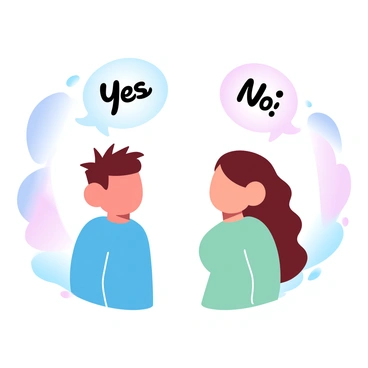 Two cartoon characters are standing facing each other, each with a distinct and colorful design. One character has spiky hair and is wearing a bright blue shirt, while the other has curly hair and is dressed in a green dress. Above them, there are two speech bubbles; one bubble containing the word "Yes" is coming from the character in the blue shirt, and the other bubble with the word "No" is coming from the character in the green dress. The background features a simple, vibrant setting that adds to the playful atmosphere.