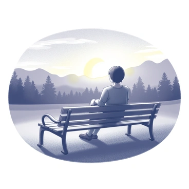 A person sitting on a park bench. The individual has a relaxed posture, with hands resting on their lap. The park bench is made of wood, with a traditional design featuring slatted seating. In the background, a sunset is visible, illuminating the sky with various shades and creating a dramatic atmosphere. The landscape includes silhouettes of trees and distant hills, enhancing the tranquil setting. The scene captures the essence of a serene evening in a park.