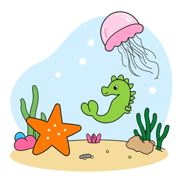 A colorful underwater scene featuring a variety of cute sea creatures. There is a bright orange starfish with five points, sitting on a soft sandy ocean floor. Nearby, a small green seahorse with a curled tail swims gracefully, its fins fluttering as it moves. A translucent jellyfish with a pink dome and long, flowing tentacles drifts nearby, creating a whimsical effect. Tiny bubbles rise around them, and small patches of vibrant corals add to the lively atmosphere. The sea creatures appear to be interacting playfully, showcasing a joyful underwater community.