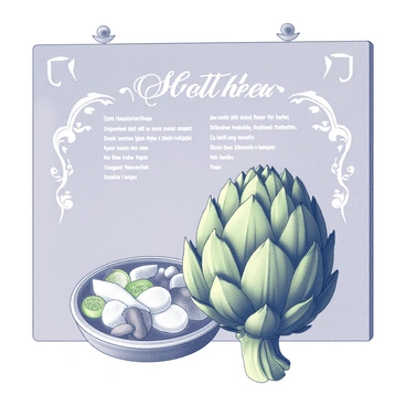 A chalkboard menu featuring a detailed drawing of an artichoke. The artichoke is depicted with its layered green leaves prominently showcasing its intricate texture. It is placed beside an elegant, hand-drawn depiction of a dish that includes various complementary ingredients. Above the artichoke, decorative flourishes add a touch of charm to the overall presentation. The menu text surrounding the artichoke is inscribed in an inviting font, detailing the dish it is part of.