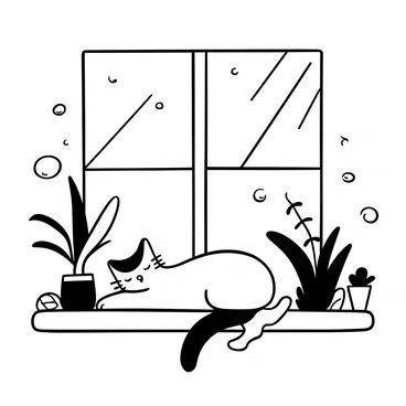 A cat lounging on a windowsill with a soft body posture, surrounded by a delicate aura represented by swirling lines and patterns emanating around it. The sunlight streams through the window, casting shadows and highlights on the cat's fur and the windowsill. There are plants on the windowsill, some with long leaves reaching towards the sunlight, and a few small decorative items like a ceramic pot and a book beside the cat. The overall composition conveys a sense of quiet contemplation.