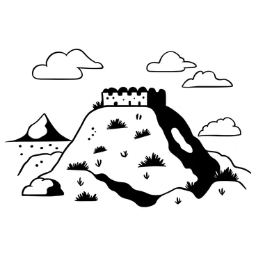 An aerial view of "Bellary Fort" situated atop a rugged "rocky hilltop." The fort's stone walls are visible, showcasing its strong, fortress-like structure. Surrounding the fort, there are patches of sparse vegetation and rocky outcrops. The terrain slopes down from the hilltop, revealing a flat landscape in the distance. Clouds are scattered across the sky, casting shadows over the fort and the surrounding area.