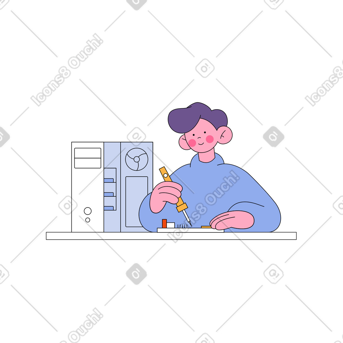 Man soldering motherboard near opened system unit illustration in Bloom style download in PNG, SVG