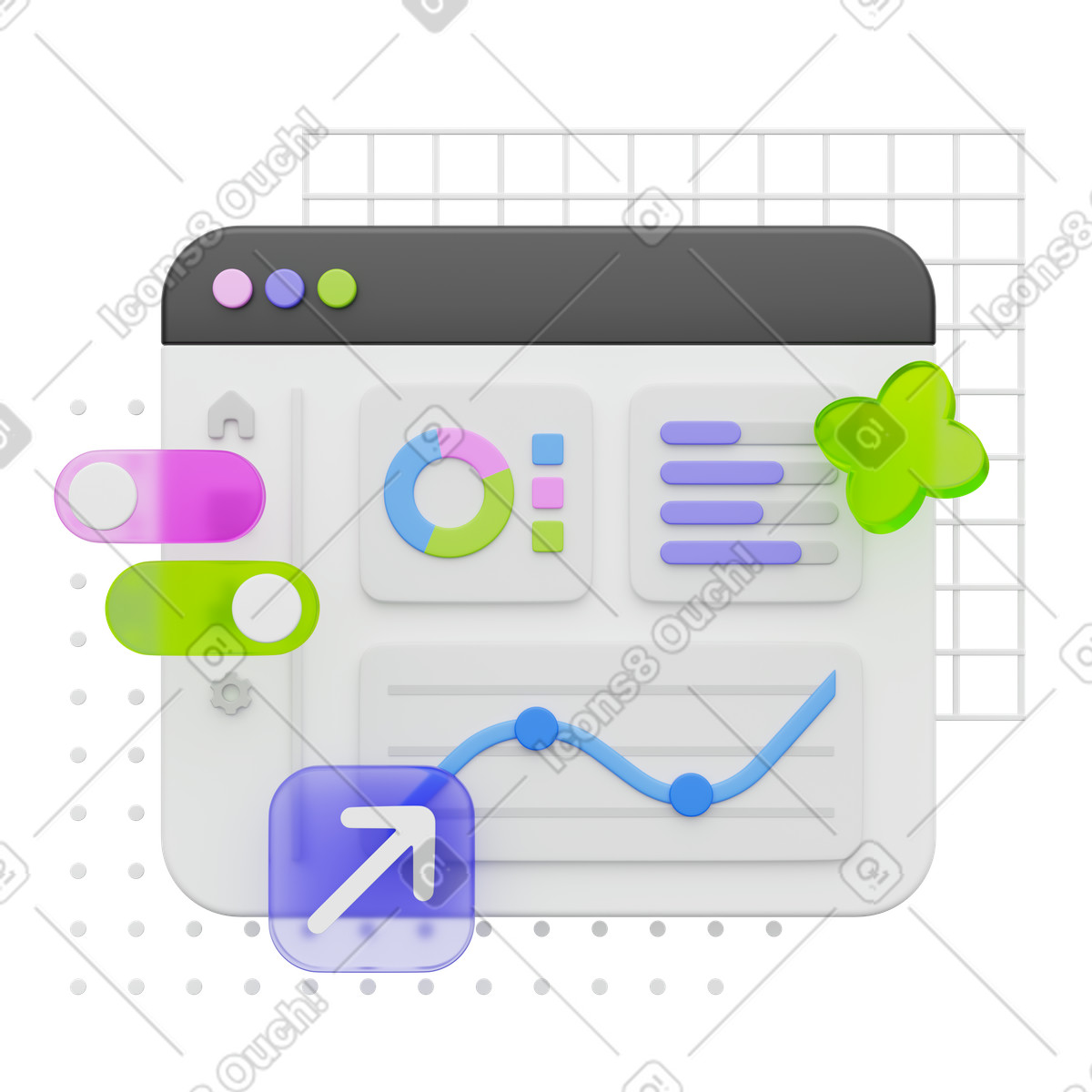 Dashboard charts, Interactive analytics panel, Graph performance tools illustration in 3D Playful style download in PNG, SVG