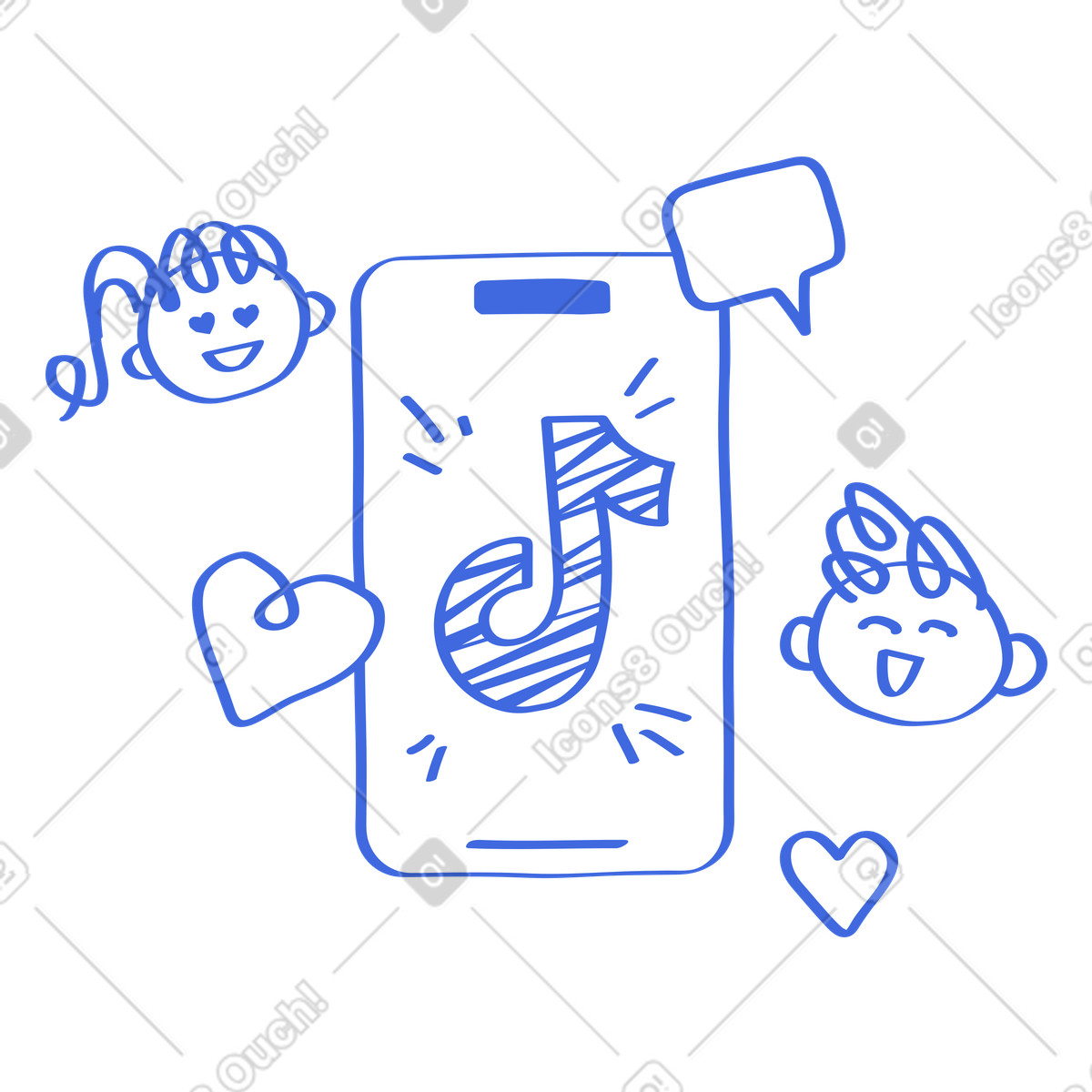 Иллюстрация TikTok logo on smartphone with hearts and happy faces around в стиле Ballpoint Pen — скачать в форматах PNG, SVG