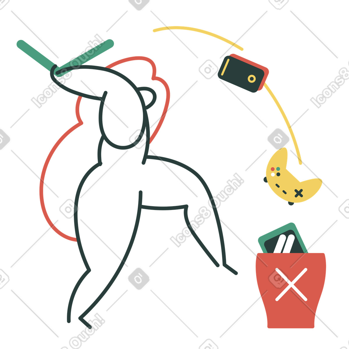 Tech overload relief by throwing devices in trash bin illustration Macaroni style download PNG, SVG