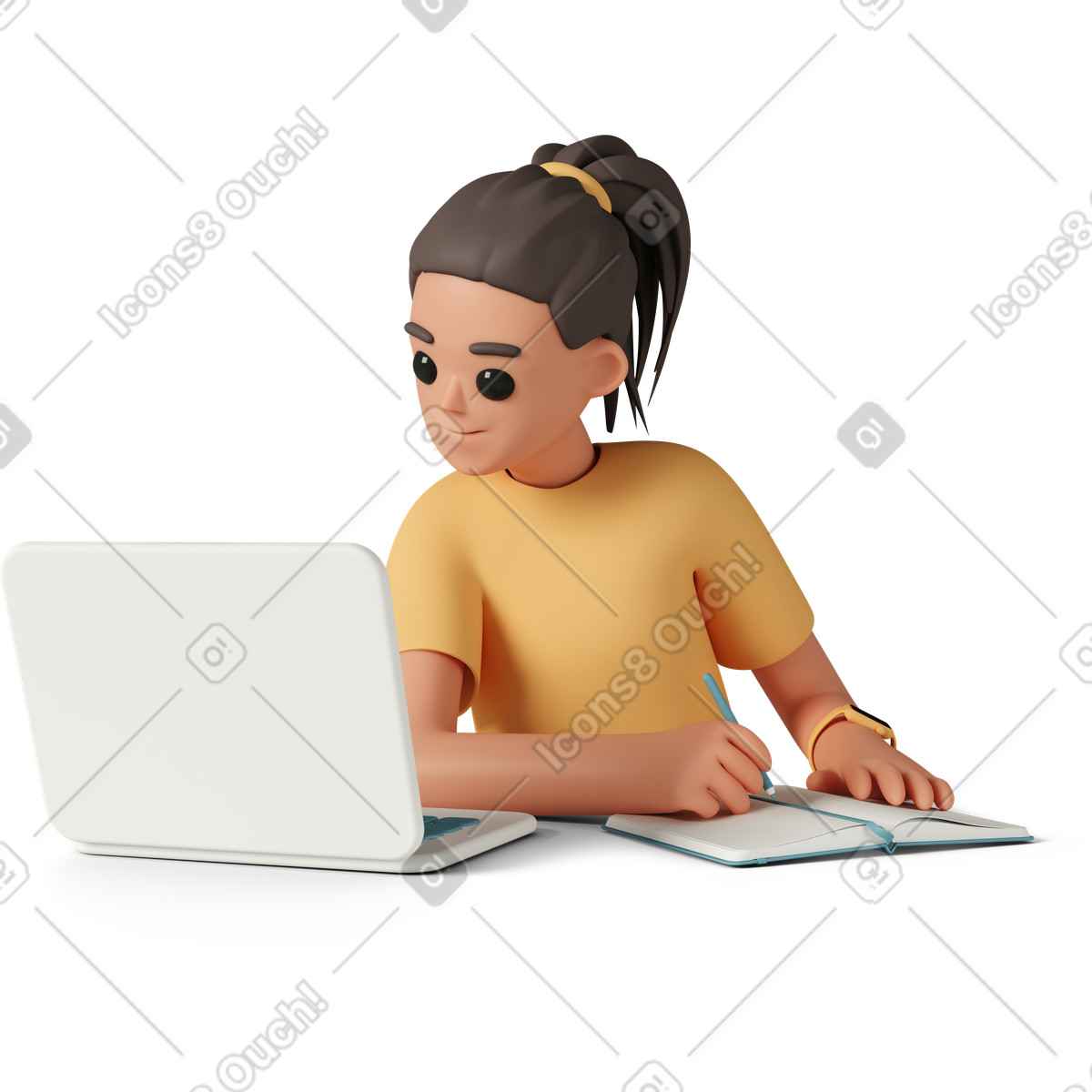 Young woman looking at laptop and taking notes in notebook illustration 3D Casual life style download PNG, SVG