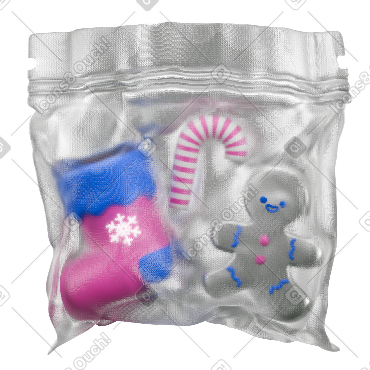 下载 3D Wrap 风格的 真空密封包装的3d节日糖果，节日食品礼品及储存 插画，支持 PNG、SVG 格式