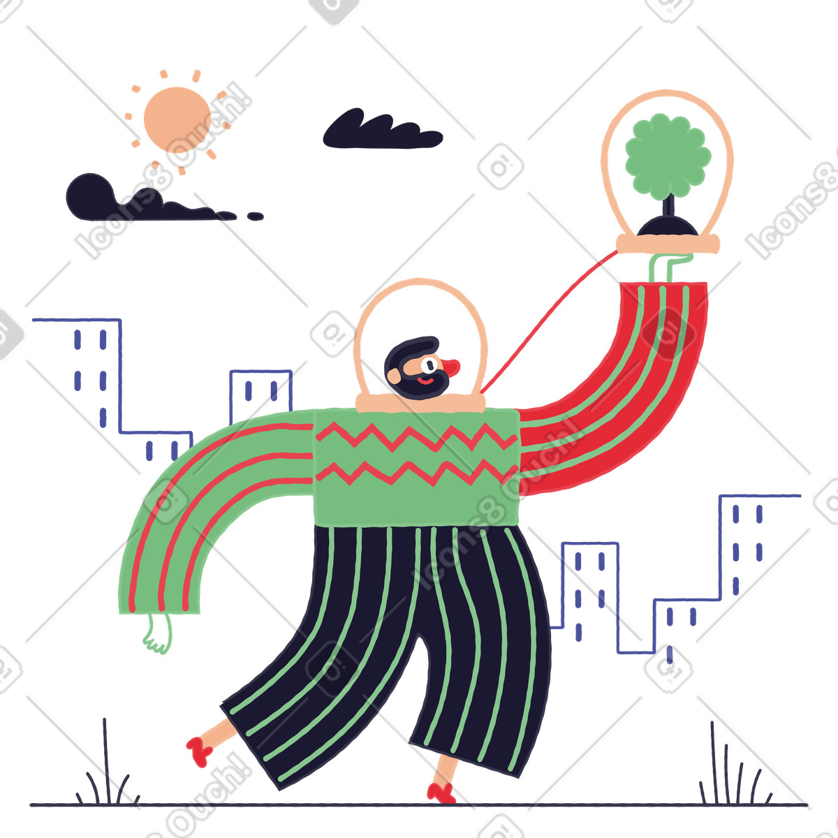 下载 Stripy 风格的 City inhabitant in protective suit carrying tree glass dome, Urban nature conservation 插画，支持 PNG、SVG 格式
