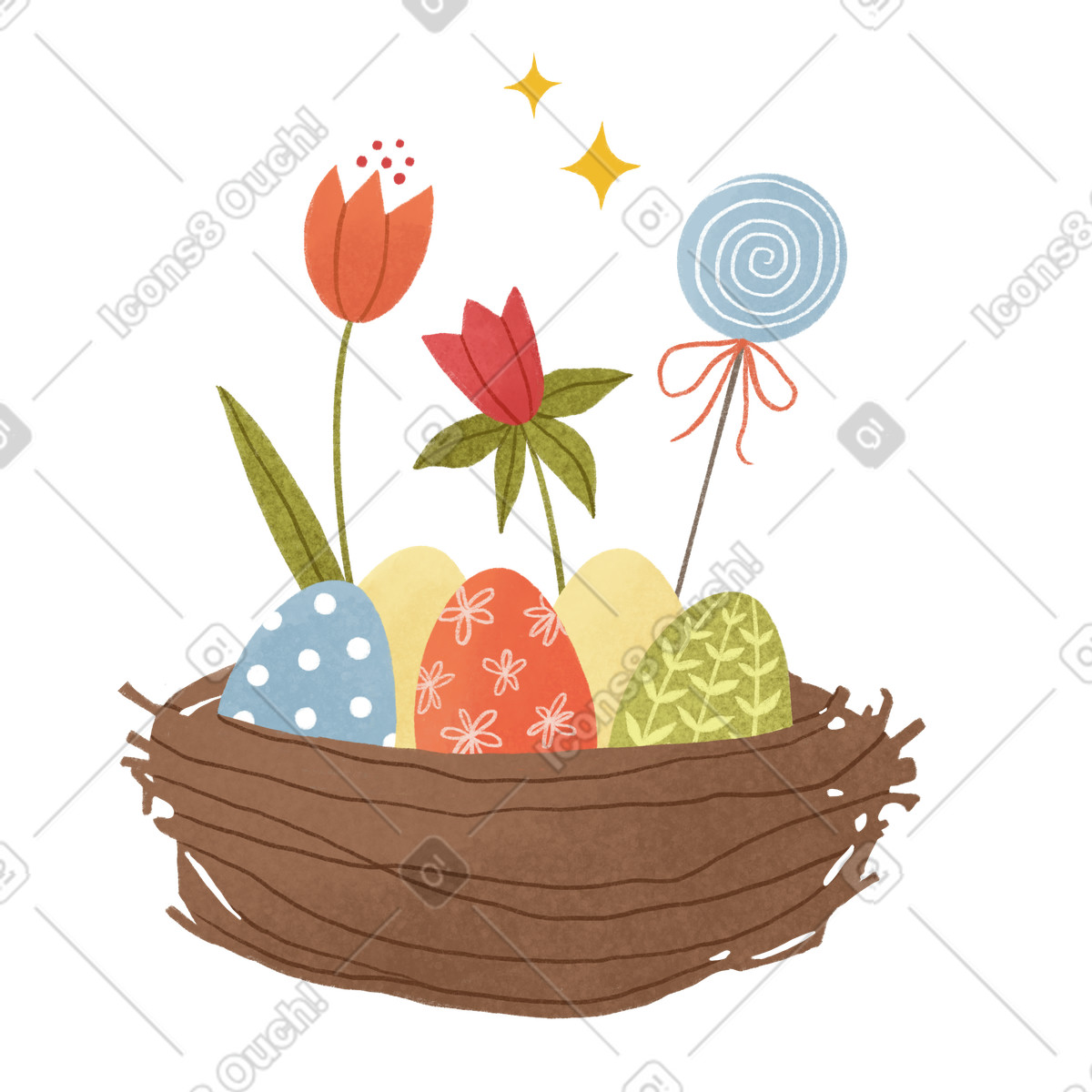 Easter eggs in a nest with flowers and lollipop illustration Experimental style download PNG, SVG
