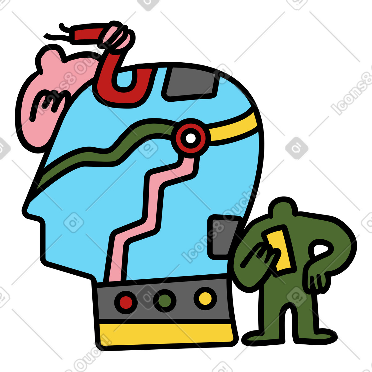 Robotics engineers adjusting circuits inside robot head, Artificial intelligence innovation illustration in Wiggle style download in PNG, SVG