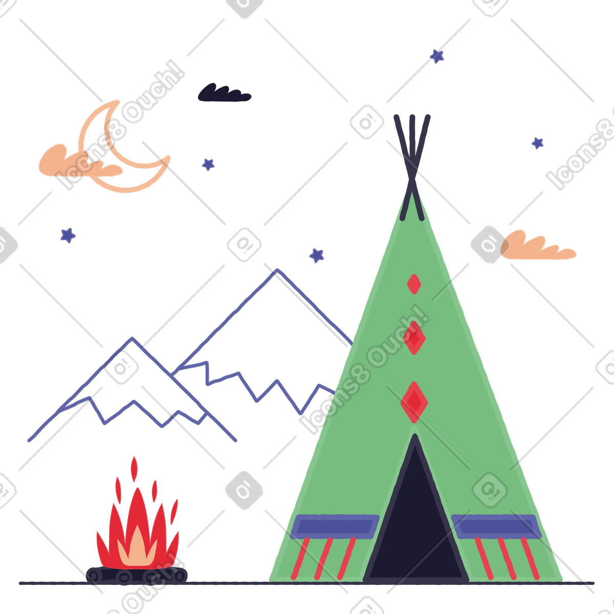 Wigwam and bonfire in mountains illustration Stripy style download PNG, SVG