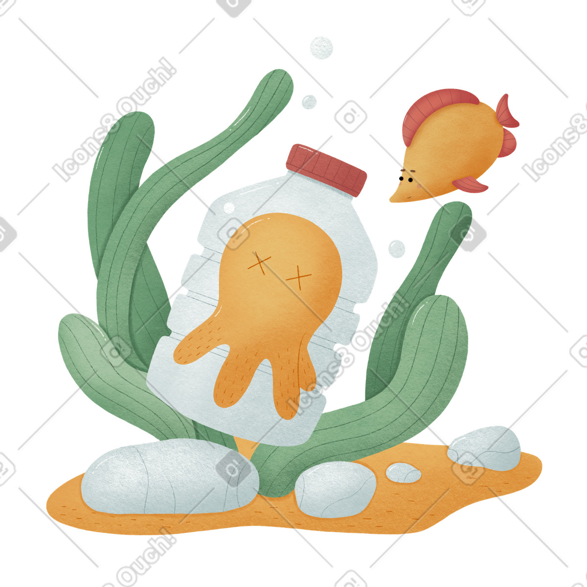 Ilustración Los animales del océano están muriendo por la mala ecología y el plástico en estilo Woolly a descargar en PNG SVG