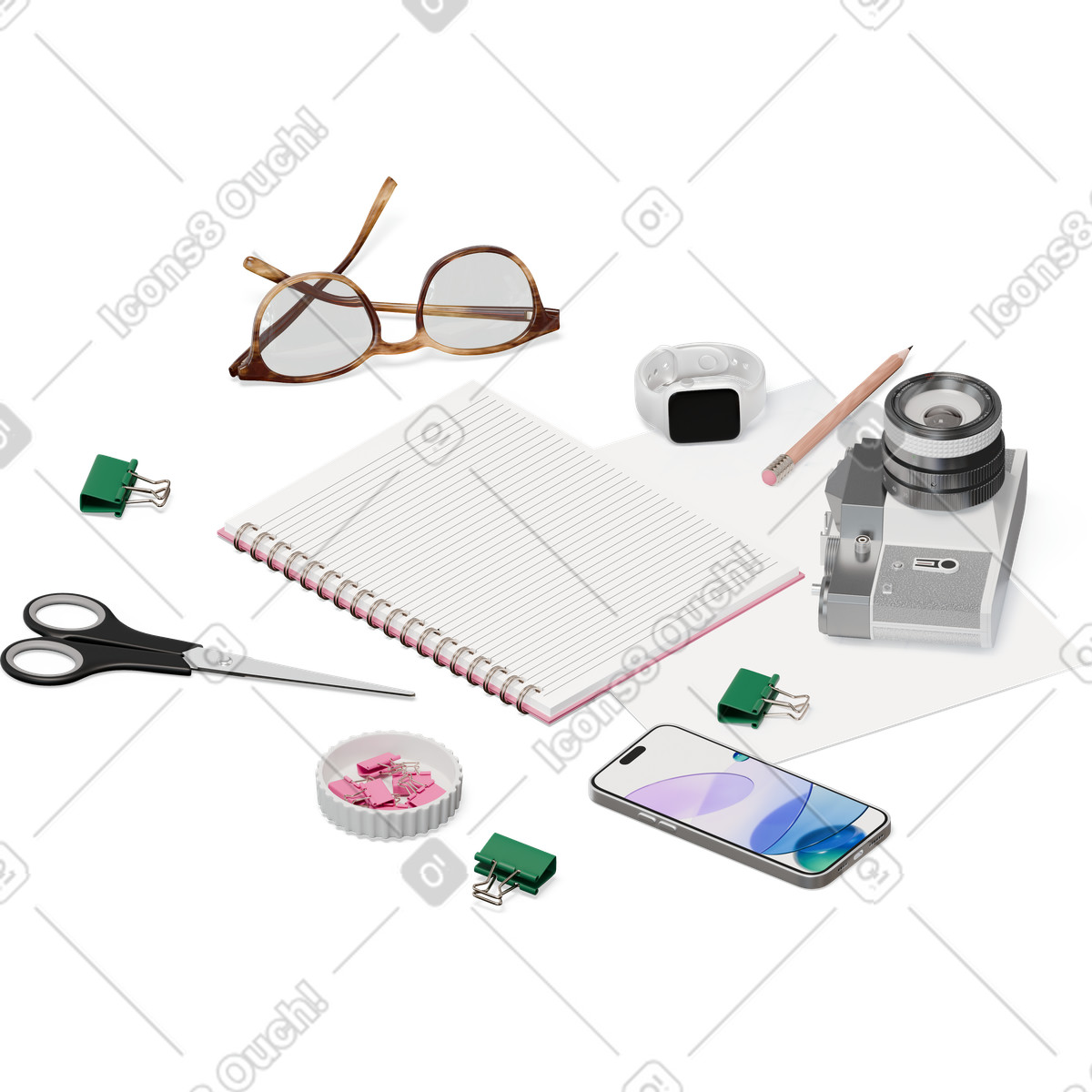 Vista isometrica di notebook, smartphone, occhiali, smartwatch, forbici illustrazione in stile 3D Hygge scarica in PNG, SVG