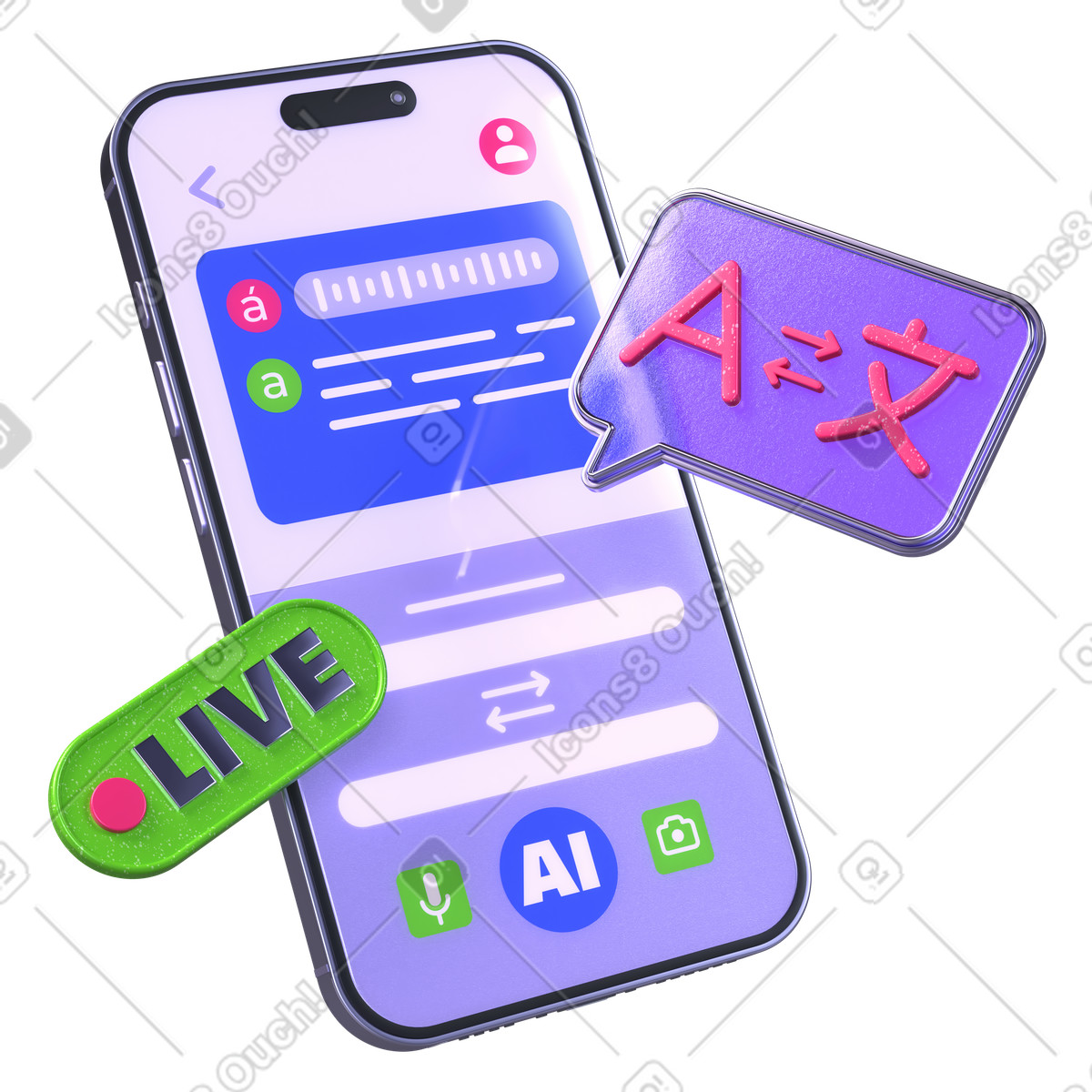 Illustration Interface d'application mobile avec icônes de traduction, conversion linguistique en direct par ia dans le style 3D Boost à télécharger aux formats PNG, SVG