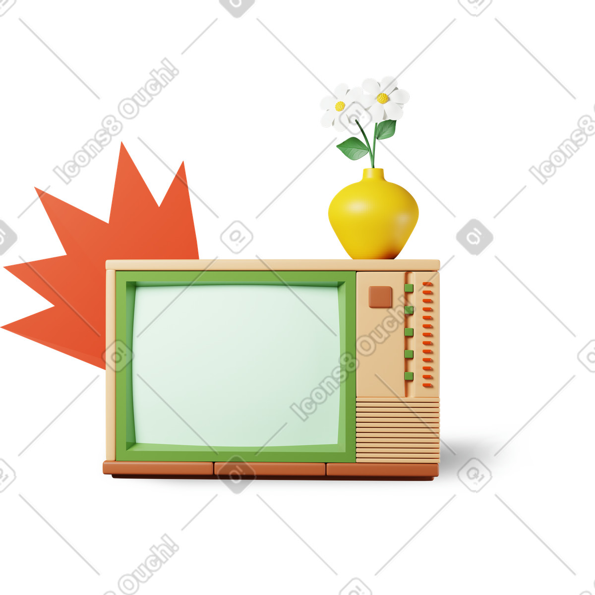Tv e fiori illustrazione in stile 3D Plastic people scarica in PNG, SVG