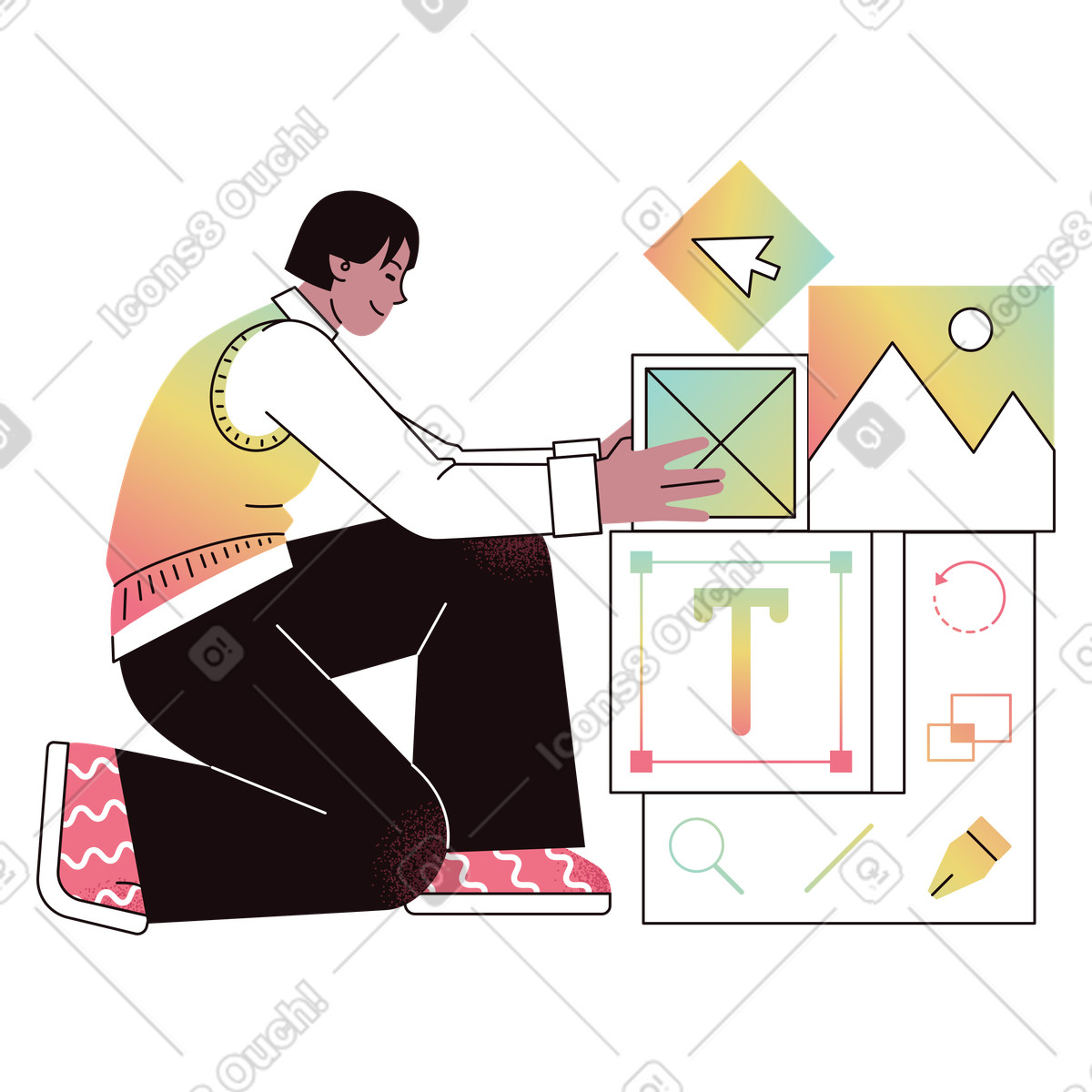 Designer organizing UI blocks, app interface assembly illustration in PNG, SVG