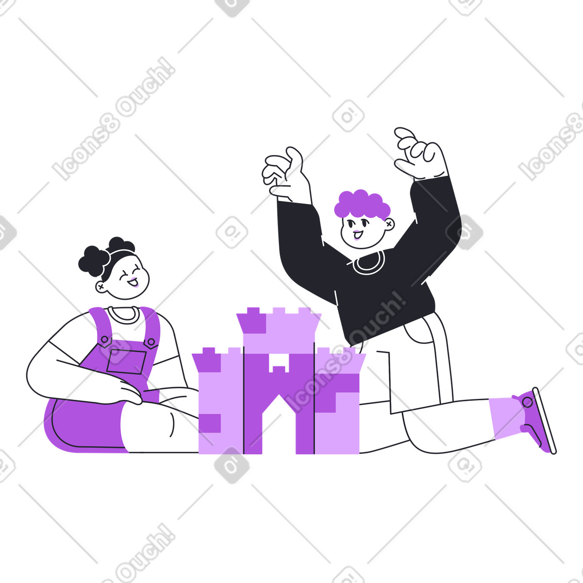 Illustration Des enfants s'amusent avec blocs de construction, activité jeu d'éveil dans le style Grapy à télécharger aux formats PNG, SVG