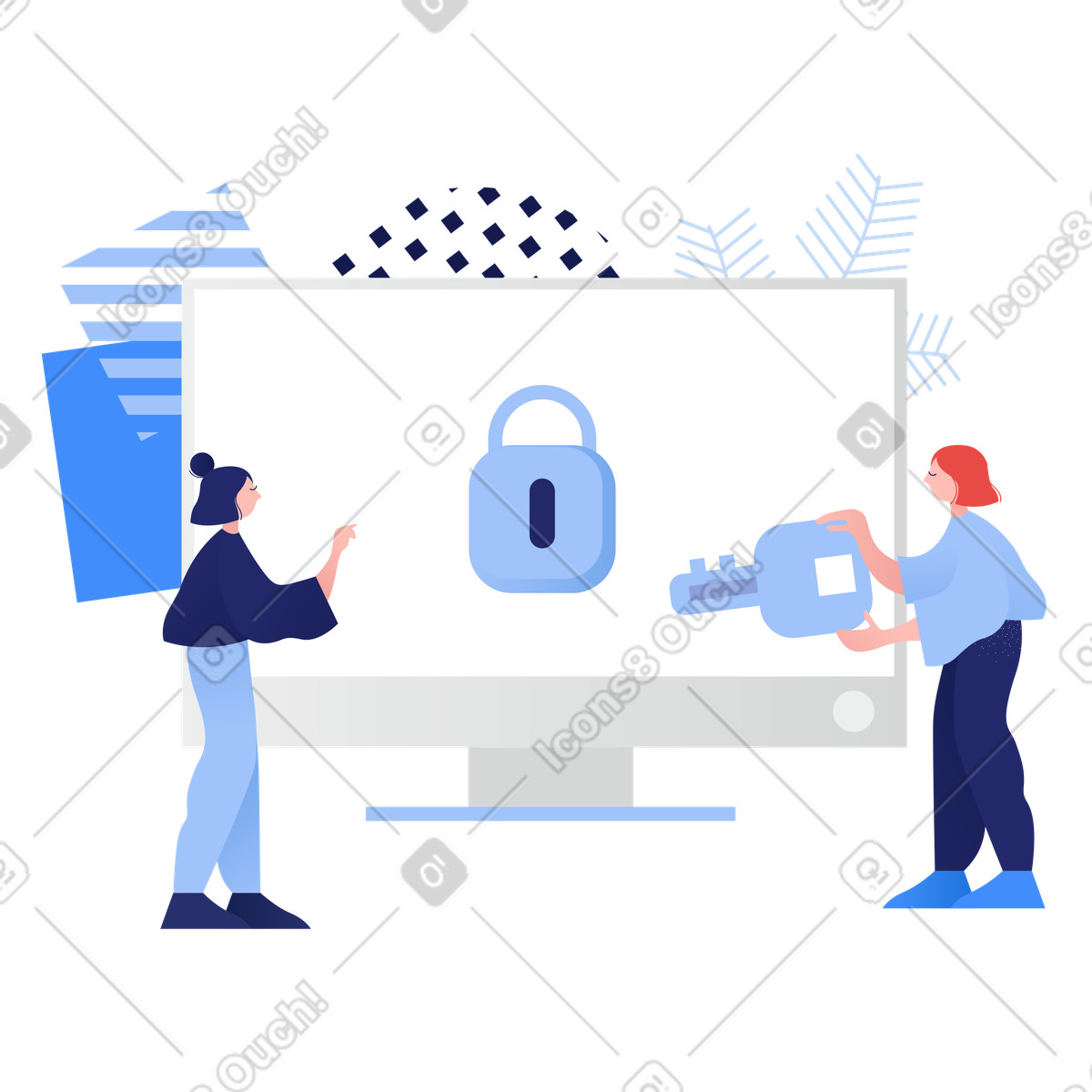 Colleagues protecting computer with lock, Digital privacy and access control illustration in Clip style download in PNG, SVG