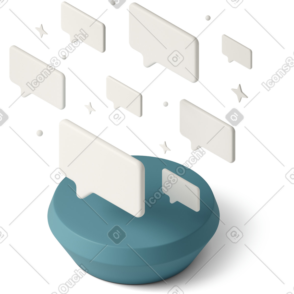 下载 3D Casual life 风格的 Group of speech bubbles floating above blue stand 动画插图，支持 GIF、Lottie （JSON）、AE 格式