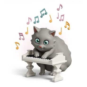 A fluffy gray cat with bright green eyes is sitting on a small, ornate piano. The piano has shiny black keys and intricate woodwork. The cat is gently tapping the keys with its paws, looking focused and playful. Surrounding the cat, colorful musical notes in various sizes are floating in the air, creating a lively atmosphere. The background is softly blurred, emphasizing the cat and the piano.