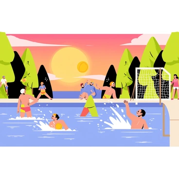 A water polo match taking place in an outdoor pool under a vivid sunset. The pool is surrounded by tall green trees and the sky is filled with shades of orange, pink, and purple. Players in bright colored swimsuits are splashing water as they swim, showing dynamic movements. One player is about to throw a yellow ball towards the goal, while another player is attempting to block the shot. Spectators can be seen on the side, cheering and enjoying the match. The sun is low on the horizon, casting warm light across the scene.