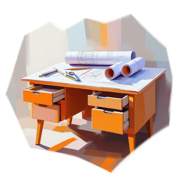 A bureau filled with architectural blueprints and tools like rulers and compasses