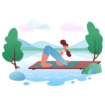 A tranquil lakeside setting is depicted, featuring a person in a yoga mat practicing the "thread-the-needle" pose on a wooden deck. The deck extends over the calm water of the lake, reflecting the surrounding nature. Lush green trees frame the scene, and soft pastel colors fill the sky, hinting at a serene sunset. Gentle ripples disturb the surface of the lake, and a few pebbles can be seen at the water's edge. In the background, distant hills are visible, enhancing the peaceful atmosphere of the location.
