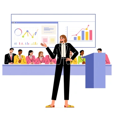 A confident woman standing at a podium in a sleek black business suit. She has shoulder-length brown hair neatly styled and is gesturing with her right hand. The room is filled with a long table surrounded by attentive audience members in formal attire, listening closely. A large screen behind her displays colorful graphs and charts, enhancing her presentation. The atmosphere conveys focus and professionalism.