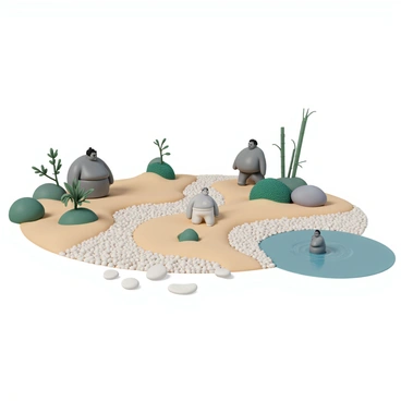 A zen garden featuring meticulously arranged pebbles and sand patterns. There are several sumo-themed sculptures placed throughout the garden, depicting sumo wrestlers in various poses, crafted from stone and bronze. Surrounding the sculptures are carefully chosen plants, including bonsai trees, bamboo, and vibrant green mosses. The atmosphere is calm and balanced, with smooth stones lining the paths that weave through the garden, leading to a small water feature with gentle ripples.