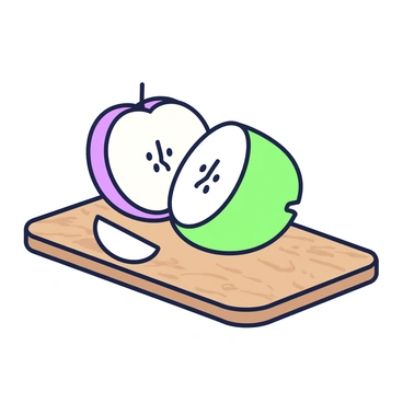 A crisp apple is placed on a wooden cutting board. The apple is sliced in half, showcasing its star-shaped core in the center. Surrounding the core are small brown seeds, clearly visible within the white flesh of the apple. The skin of the apple is glossy and smooth, contrasting with the rough texture of the cutting board. A few apple slices are arranged neatly beside the halved apple, highlighting the fresh and juicy interior.