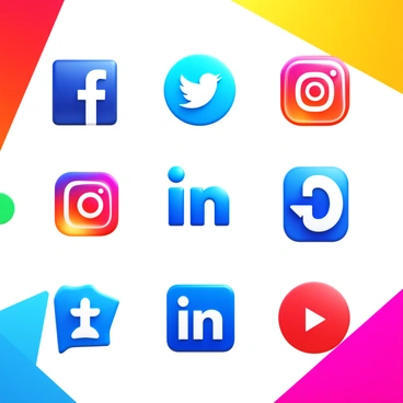 A collection of "creative" and "modern" social media icons arranged symmetrically, featuring distinct shapes and colors for each icon. The icons include "Facebook", "Twitter", "Instagram", "LinkedIn", and "YouTube". Each icon is designed with a glossy finish and a slight 3D effect, reflecting light to create depth. The background is vibrant with abstract geometric patterns and subtle gradients that enhance the overall visual impact.