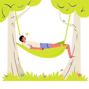 A person lying comfortably in a green hammock tied between two tall, leafy trees. The person is wearing a light-colored shirt and shorts, with a peaceful expression on their face. Sunlight filters through the branches, casting soft patterns on the ground. In the background, there are vibrant green grass and colorful flowers surrounding the base of the trees. Small birds can be seen perched on the nearby branches, and butterflies flutter around, adding life to the serene scene.
