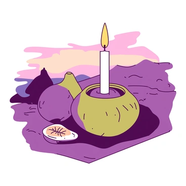 A duotone candleholder shaped like a fig with intricate details, sitting on a wooden table. The candleholder is made of a textured material that enhances its fig-like appearance. A warm candle flame flickers inside the holder, casting a soft, inviting glow. In the background, there are hints of dusk with fading light, creating a tranquil atmosphere. Shadows dance around the candleholder, accentuating its unique form.