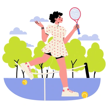 A pinup girl with bouncy curls is playing tennis on a sunny court. She is wearing a vintage-inspired, polka-dotted dress with a fitted bodice and a flared skirt that twirls as she moves. She holds a tennis racket in one hand, while the other hand is raised in an athletic pose. The court has a bright blue surface, surrounded by lush green trees. Orange and yellow tennis balls are scattered around her feet, and a clear blue sky with fluffy white clouds serves as the backdrop.