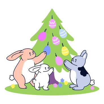A family of three bunnies stands together near an Easter tree. The tree is adorned with brightly colored egg ornaments in various shades, including pastel pink, blue, and yellow. Each bunny has unique features: one is smaller with fluffy white fur, another is slightly larger with light brown fur, and the third has a mix of gray and white fur. They are using their paws to carefully hang the egg ornaments on the branches of the tree. The scene is set on a grassy area, and there are a few colorful flowers surrounding the base of the tree.