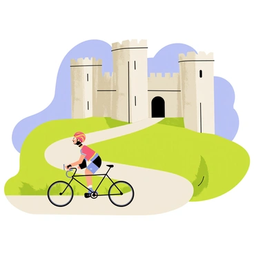 A cyclist on a recumbent bike is positioned in the foreground, with a focused expression as they pedal energetically. The bike features a sleek design with a low-profile frame and ergonomic seat. In the background, an ancient stone castle rises majestically, its tall turrets and weathered walls creating a sense of history. Lush green grass surrounds the base of the castle, while a clear blue sky frames the scene. The cyclist is wearing a bright helmet and colorful cycling attire, contrasting with the neutral tones of the castle. The path is a winding trail leading past the castle, adding depth to the composition.