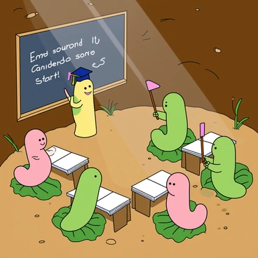 A group of small, cartoon-like worms with bright colors, such as green, pink, and yellow, are gathered in a cozy underground classroom. The classroom is made of soft brown soil, with tiny roots and pebbles visible around. The worms are sitting on small leaf-shaped desks, each with a tiny notebook in front of them. One worm is standing at the front of the class, wearing a small graduation cap and holding a stick to point at a chalkboard made of a flat stone with scribbles. Another worm is raising a small pink flag to answer a question, while others are looking up with curious expressions. Sunlight filters down through small cracks in the soil, casting gentle rays that illuminate the playful atmosphere of learning.