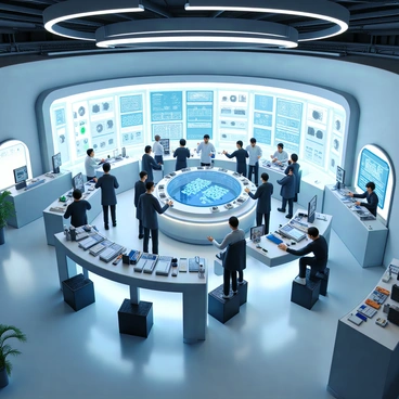A futuristic Samsung lab featuring sleek, silvery surfaces and bright LED lighting. The room is filled with state-of-the-art technology and various prototypes on display. In the center, a group of engineers with diverse appearances is gathered around a holographic interface, analyzing data and discussing their findings. Some engineers are working on advanced robotic devices, while others test cutting-edge gadgets. Large screens on the walls showcase digital designs and blueprints, illuminating the space. The atmosphere is energetic and focused, reflecting a high-tech environment dedicated to innovation.