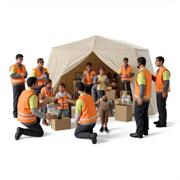 A group of aid workers, wearing bright orange vests with reflective stripes, are distributing supplies in a disaster-affected area. The scene shows a makeshift tent where families are gathered, looking grateful and relieved. The aid workers are handing out boxes of food and bottles of water. Among them, a woman with short brown hair and glasses is kneeling to speak with a child holding a teddy bear. Nearby, a man with a headset is coordinating the distribution, while another worker is organizing supplies on a table. The setting reflects the urgency and compassion of the situation.