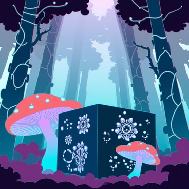 A black box nestled among colorful mushrooms in an enchanted forest