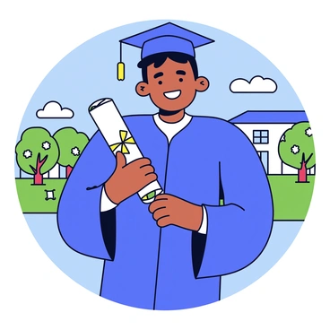 A proud scholar wearing a traditional graduation gown in dark blue fabric. The gown has flowing sleeves and a square academic cap perched on their head. They are holding a rolled-up diploma tied with a golden ribbon in their right hand. The background features a sunny campus with green grass and a few flowering trees. A clear blue sky adds brightness to the scene. The scholar has a confident smile on their face, reflecting a sense of achievement.