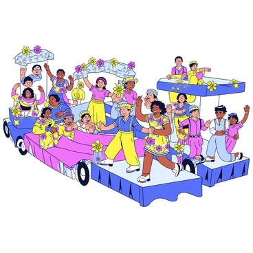 A lively fiesta parade featuring several festive floats decorated with bright flowers and colorful banners. Each float is distinct and showcases elements of Filipino culture. Participants in the parade wear vibrant Filipiniana costumes, including traditional barong and terno dresses, adorned with intricate patterns. Some participants are dancing joyfully, while others are waving to the crowd, creating an atmosphere of celebration. The street is lined with excited onlookers, some holding flags and banners, adding to the vibrant scene.