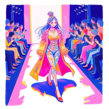 An anime fashionista is confidently strutting down a catwalk, showcasing a stunning haute couture outfit. She has vibrant, long hair styled in an elaborate manner, adorned with accessories. Her outfit features intricate patterns, a mix of flowing fabrics, and bold colors that catch the eye. The runway is lined with lights that illuminate her as she walks, and several photographers are capturing her every move. The audience in the background is engaged, with some clapping and others taking pictures.