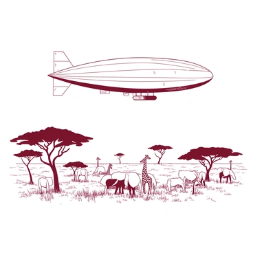 A large airship with a sleek design is gliding gracefully over a vast savanna landscape. Below, a herd of elephants is gathered, with their trunks raised, while several giraffes are seen munching on the treetops. The savanna is dotted with patches of tall grass and acacia trees. The sky above is clear, providing a stunning view of the airship in motion.