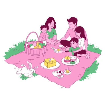 A family enjoying a picnic with a spread of Easter-themed foods