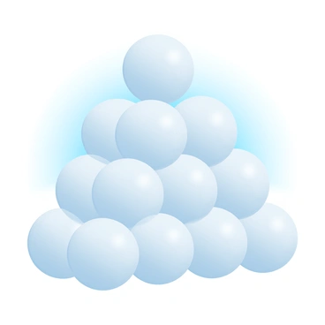 A stack of golf balls is arranged in the shape of a pyramid, showcasing the smooth dimples on the surface of each ball. The pyramid is composed of several layers, with each layer slightly smaller than the one below it, creating a structured appearance. The background features a clear blue sky, creating a vibrant contrast with the white golf balls. Soft lighting illuminates the scene, highlighting the textures and patterns on the golf balls.